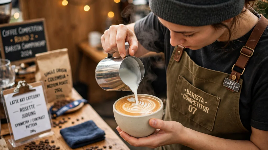 Barista vertiendo un rosetta durante una competencia de latte art