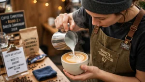 Barista vertiendo un rosetta durante una competencia de latte art