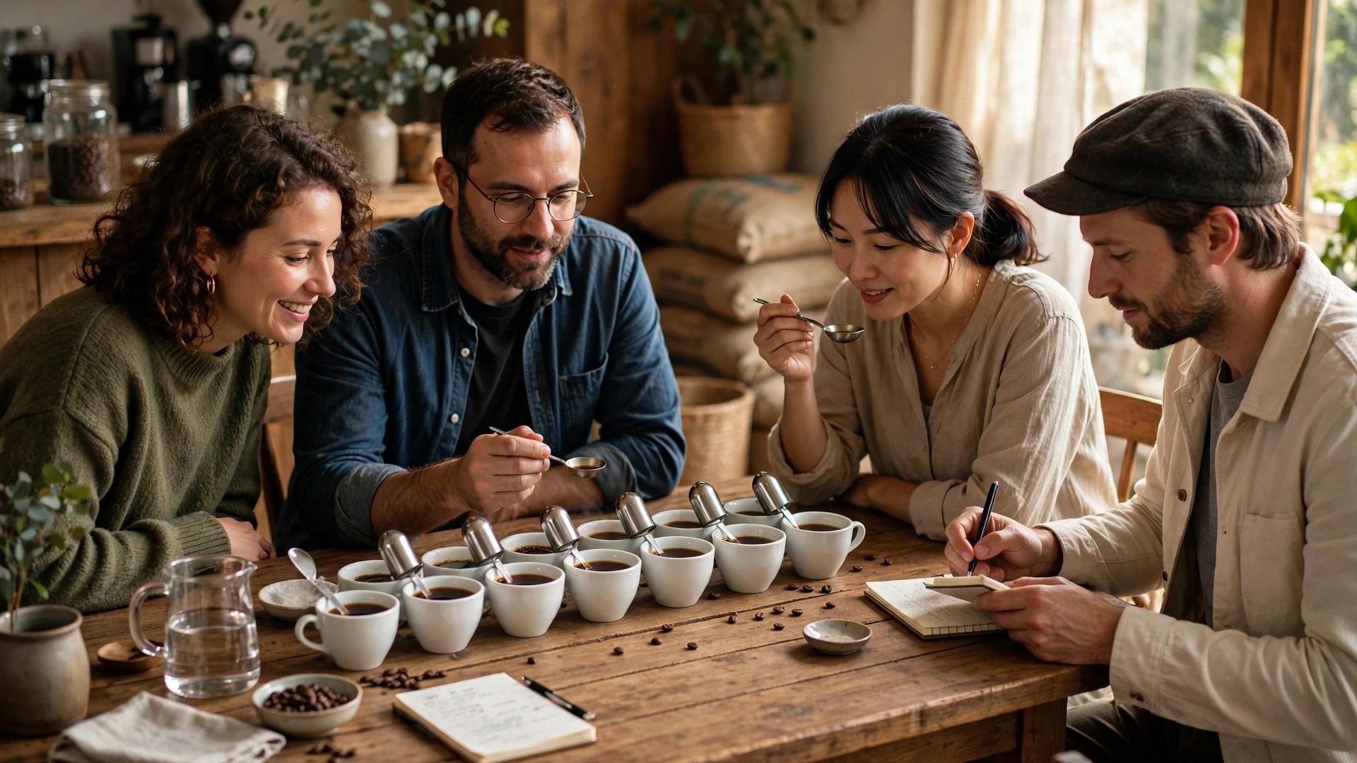 Sesión de cata de café con tazas y cucharas sobre una mesa de madera Sesión de cata de café con tazas y cucharas sobre una mesa de madera