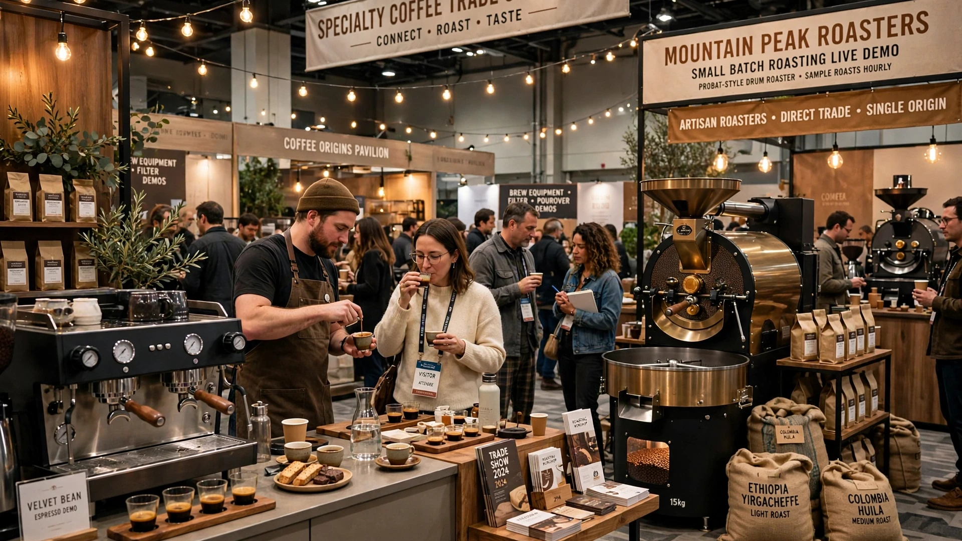Piso de exhibición de una feria de café de especialidad con máquinas de espresso Piso de exhibición de una feria de café de especialidad con máquinas de espresso